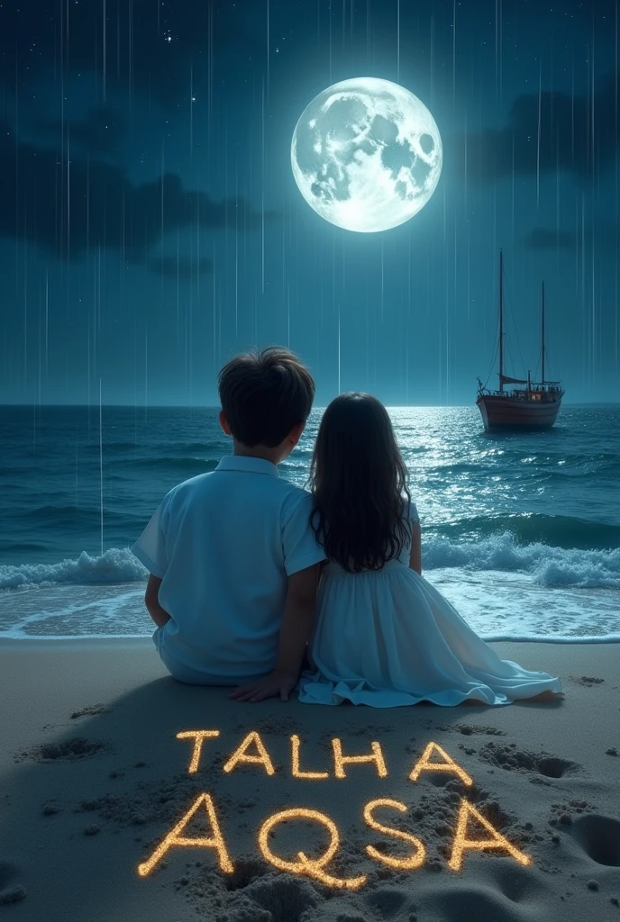 The boy and girl in white dress are sitting on the banks of the sea and wind is moving fast and the girl's head is resting on the boy's shoulder and written girl name TALHA AQSA in sand and it is midnight and it is raining heavily and the moon and stars are there and there is a big boat in the middle of the sea