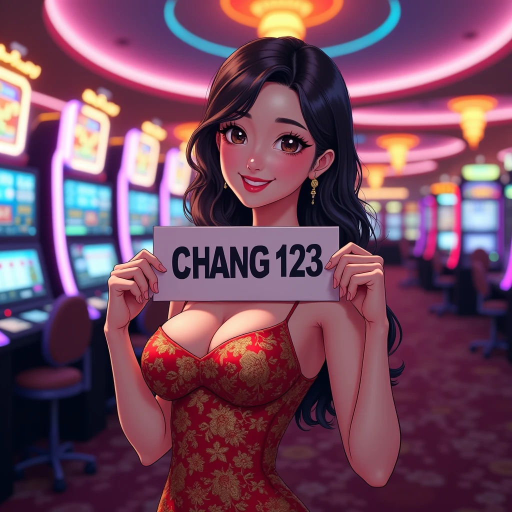 a beautiful thailand woman holding up a sign "CHANG123 สมัครตอนนี้", joyful, happy, Anime illustration, photorealistic, oil painting, casino background, wearing thailand traditional dress, RealCartoon, medium breast cleavage, Standing, Colourfull, Neon Light