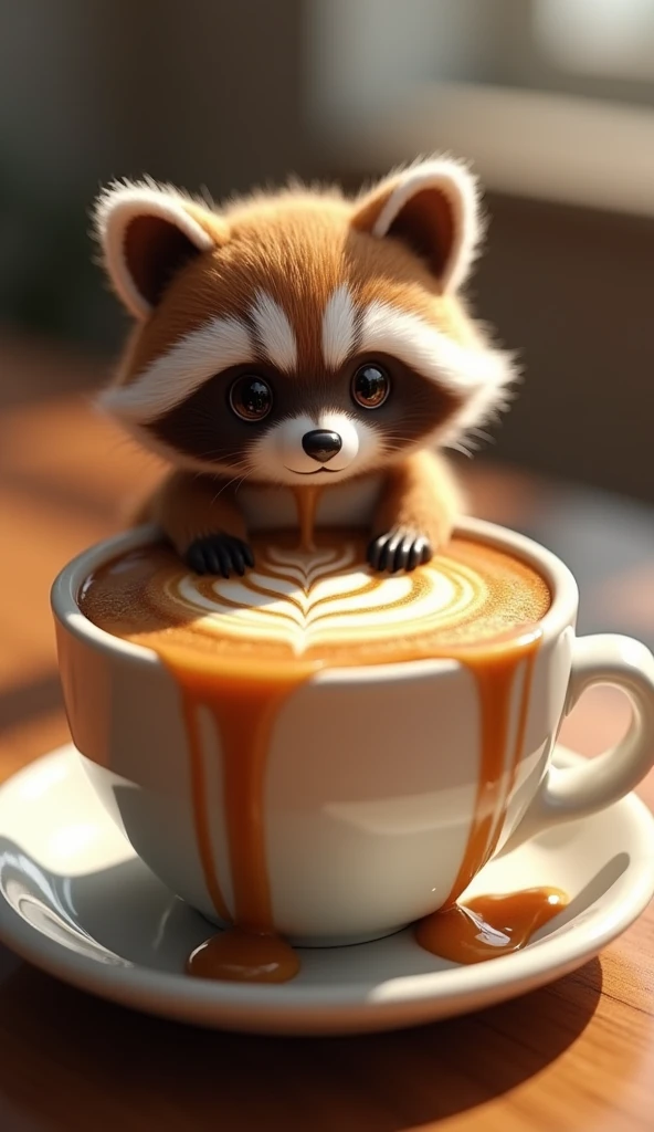 a captivating 3D rendering of a coffee cup,, filled with whimsical foam creations like adorable..., a super soft baby raccoon,. A raccoon,, with intricate details and expressive eyes,, exuding a playful aura,，it sits atop a thick coffee,. coffee spilling over the rim of a cup,, forming golden streams cascading down,, bringing art to life,. The blend of reality and imagination in this concept art piece showcases the beauty and creativity of coffee art, making it a delightful and imaginative visual experience,., concept art, photo, 3D Rendering