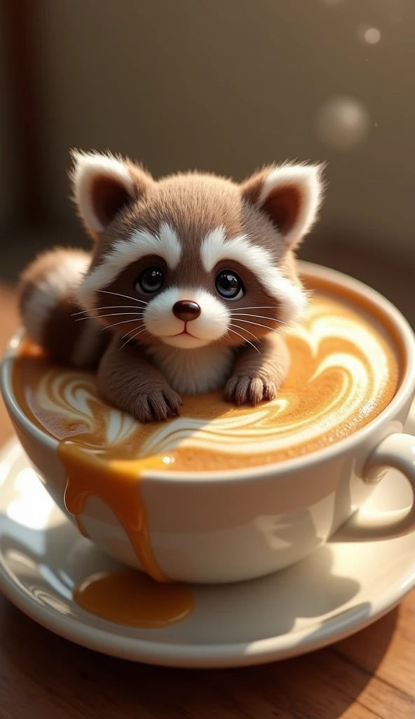 a captivating 3D rendering of a coffee cup,, filled with whimsical foam creations like adorable..., a super soft baby raccoon,. A raccoon,, with intricate details and expressive eyes,, exuding a playful aura,，it sits atop a thick coffee,. coffee spilling over the rim of a cup,, forming golden streams cascading down,, bringing art to life,. The blend of reality and imagination in this concept art piece showcases the beauty and creativity of coffee art, making it a delightful and imaginative visual experience,., concept art, photo, 3D Rendering