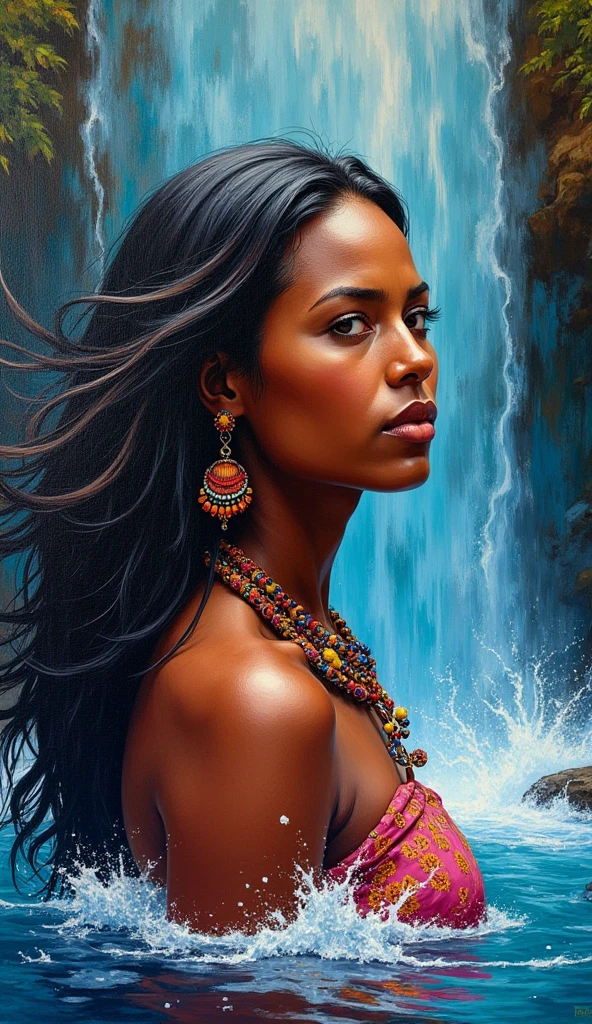 High-quality realistic acrylic art, vivid colors, portrait of a plus size Papua New Guinean woman against a backdrop of waterfall in impressionistic painting style. her hair and face merges into the waterfall. highly detailed painting