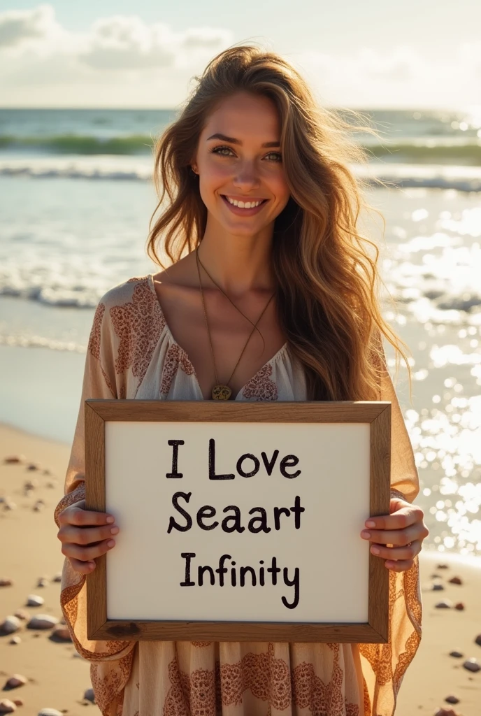 Beautiful girl with wavy long hair, bohemian dress, holding a white board with text "I Love Seaart Infinity" and showing it to the viewer