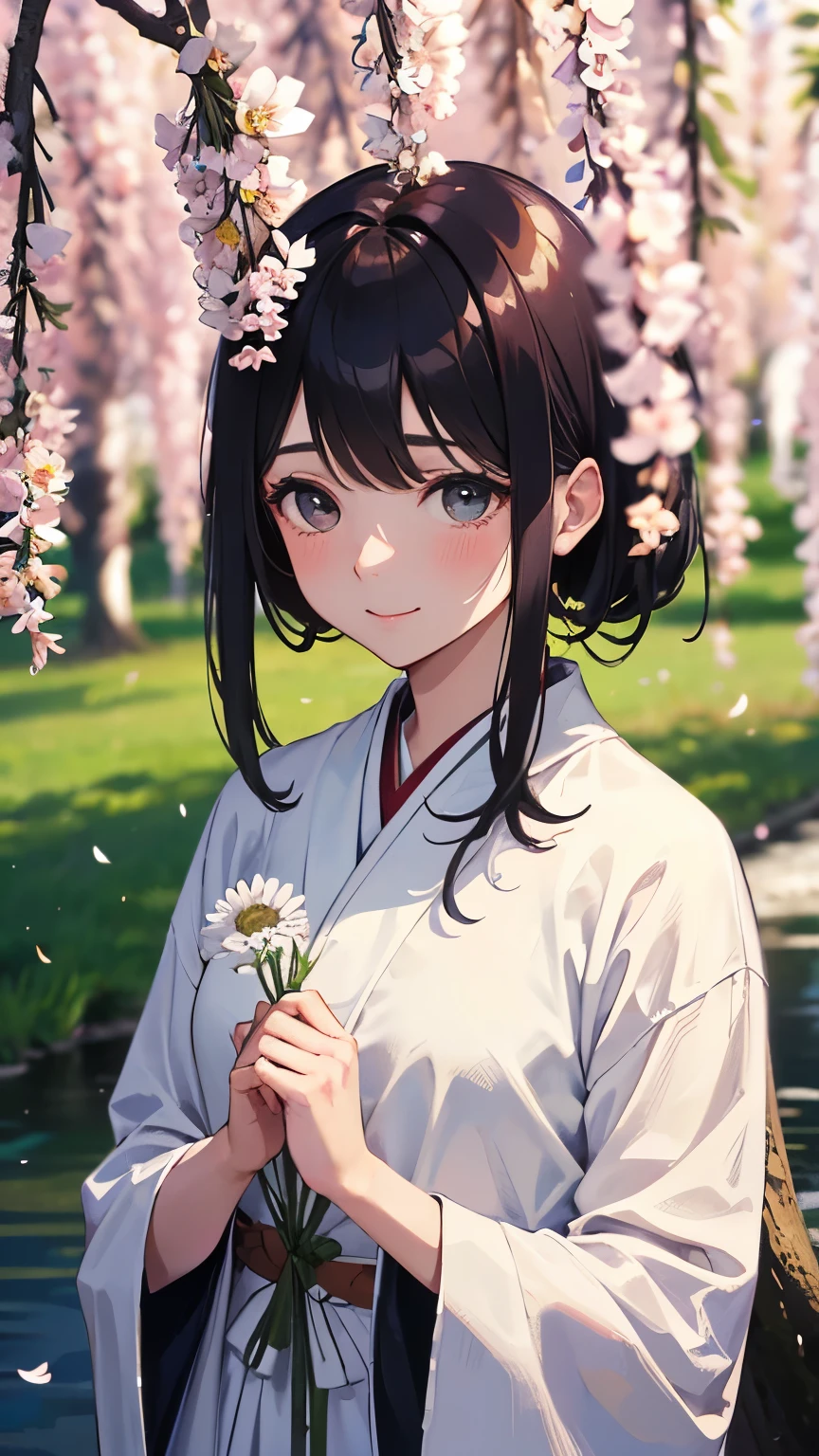 A beautiful adult woman like a white chrysanthemum stares at me with a quiet smile. She is dressed in a charming white robe. She stands gracefully under a weeping willow tree with a stream flowing quietly behind her. The background is blurred.