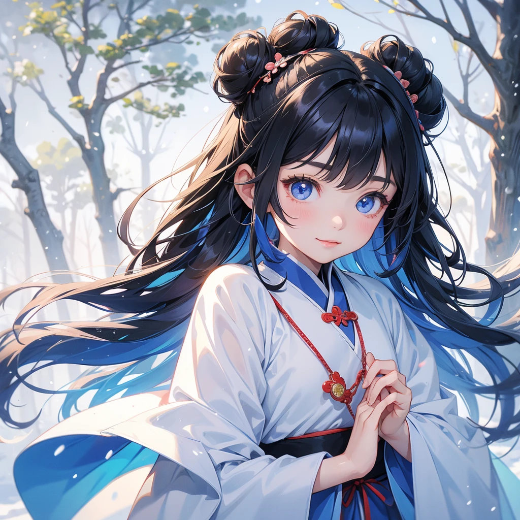 A chibi child girl had a small face and Wearing blue little Taoist priest's outfit. A pair of big round eyes shone with curiosity about him. This child was so cute, Amidst the white snowy atmosphere, the snow is falling lightly, the trees are covered with white snow.
her hair is black with two buns on her hair.small chibi, chibi baby, smiling ,Chibi.