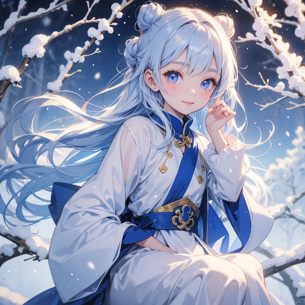 A chibi child girl had a small face and Wearing blue little Taoist priest's outfit. A pair of big round eyes shone with curiosity about him. This child was so cute, Amidst the white snowy atmosphere, the snow is falling lightly, the trees are covered with white snow.
her hair is black with two buns on her hair.small chibi, chibi baby, smiling ,Chibi.