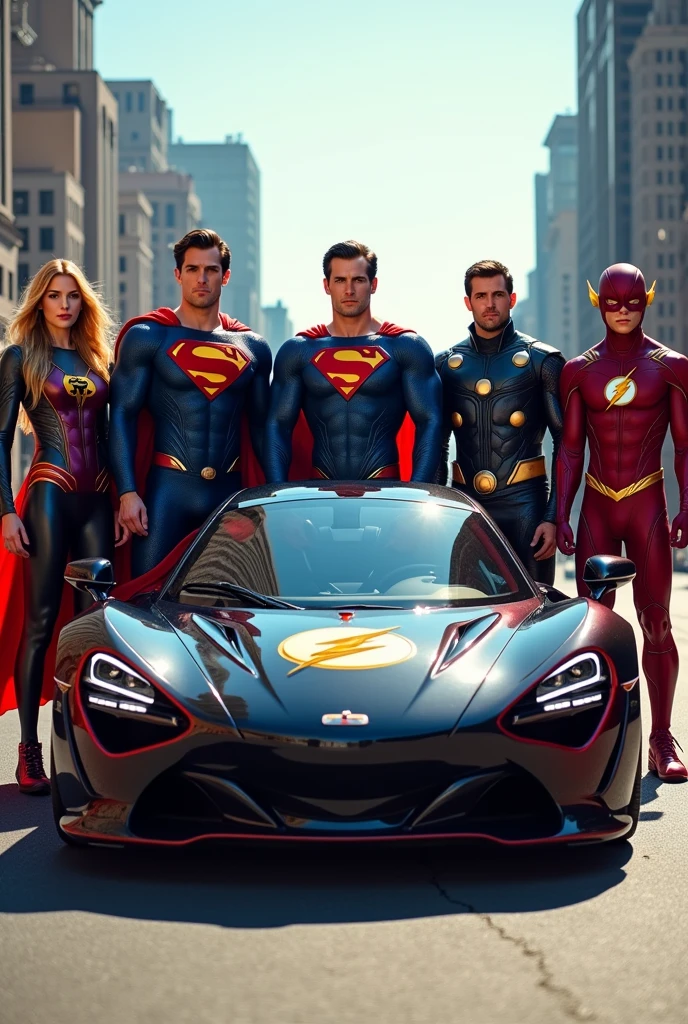 A very very beautiful Car with a logo "EMMY GEE " on it. At the back stand Superman, Thor, Plastic man, Flash standing like a guard, with a name on their chest cloth "EMMY GEE " there wore a Snickers and had a iphone 14 on their hand with an apple logo at the back