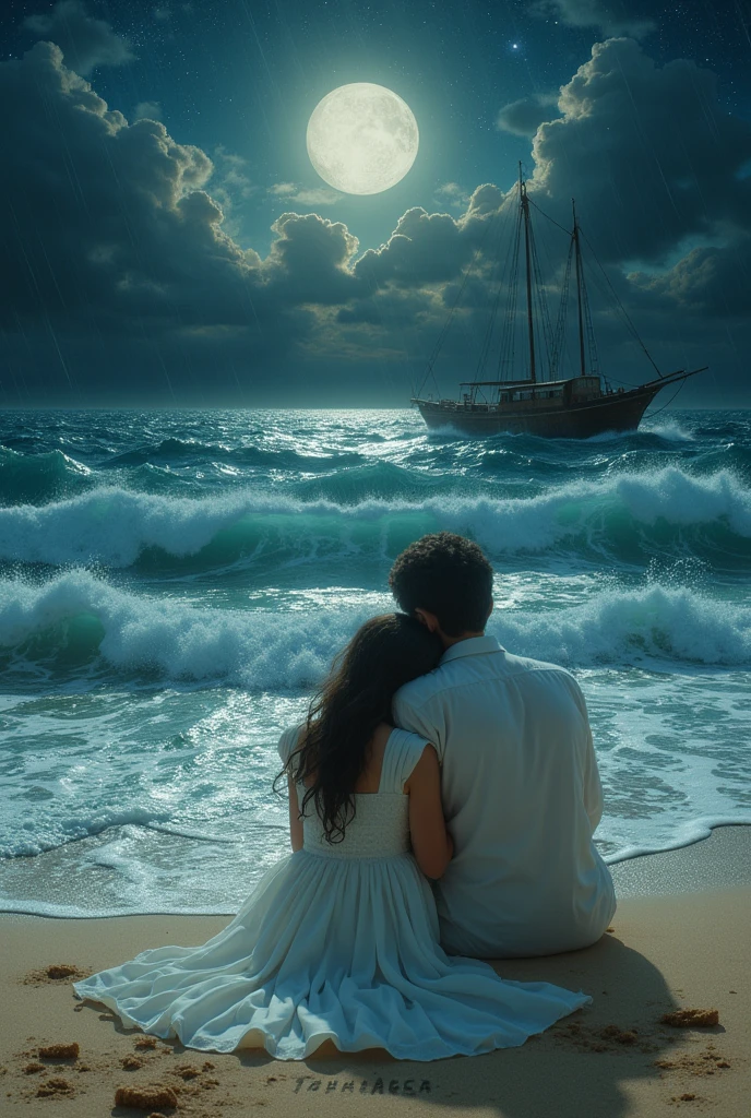 The boy and girl in white dress are sitting on the banks of the sea and wind is moving fast and the girl's head is resting on the boy's shoulder and written girl name TALHA AQSA in sand and it is midnight and it is raining heavily and the moon and stars are there and there is a big boat in the middle of the sea