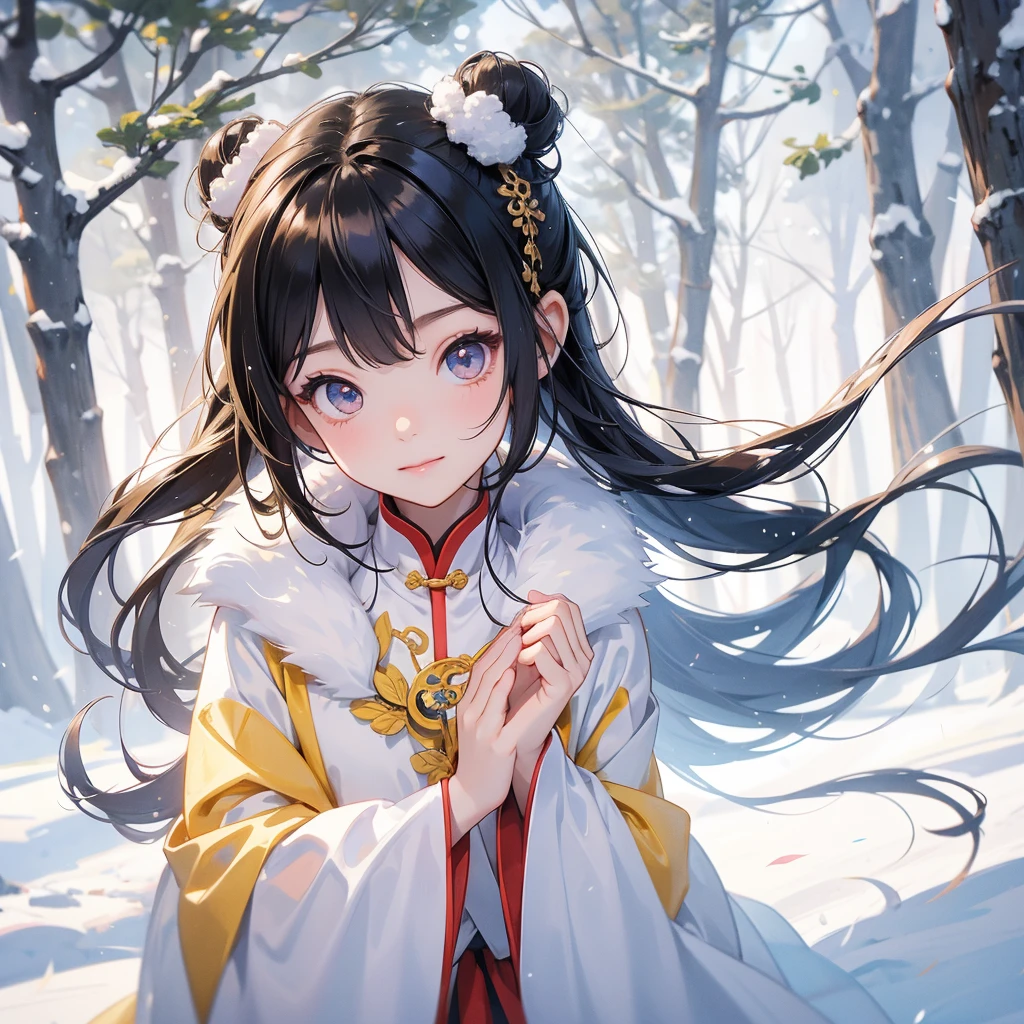 A chibi  girl had a small face and Wearing yellow little Taoist priest's outfit. A pair of big round eyes shone with curiosity about him. This childso cute, Amidst the white snowy atmosphere, the snow is falling lightly, the trees are covered with white snow.


her hair is black with two buns on her hair.small chibibi baby, smiling ,i.

