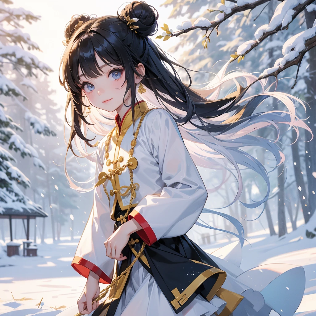 A chibi child girl had a small face and Wearing yellow little Taoist priest's outfit. A pair of big round eyes shone with curiosity about him. This child was so cute, Amidst the white snowy atmosphere, the snow is falling lightly, the trees are covered with white snow.
her hair is black with two buns on her hair.small chibi, chibi baby, smiling ,Chibi.