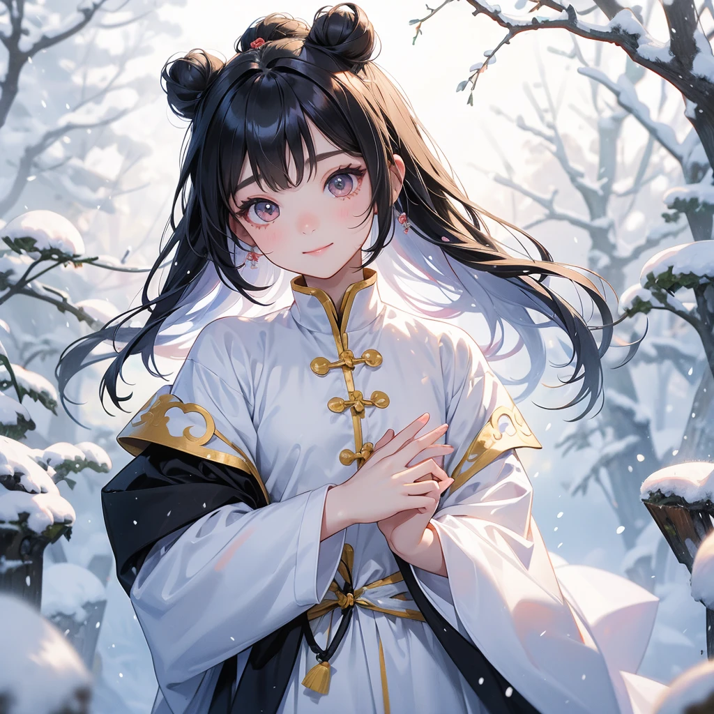 A chibi child girl had a small face and Wearing yellow little Taoist priest's outfit. A pair of big round eyes shone with curiosity about him. This child was so cute, Amidst the white snowy atmosphere, the snow is falling lightly, the trees are covered with white snow.
her hair is black with two buns on her hair.small chibi, chibi baby, smiling ,Chibi.