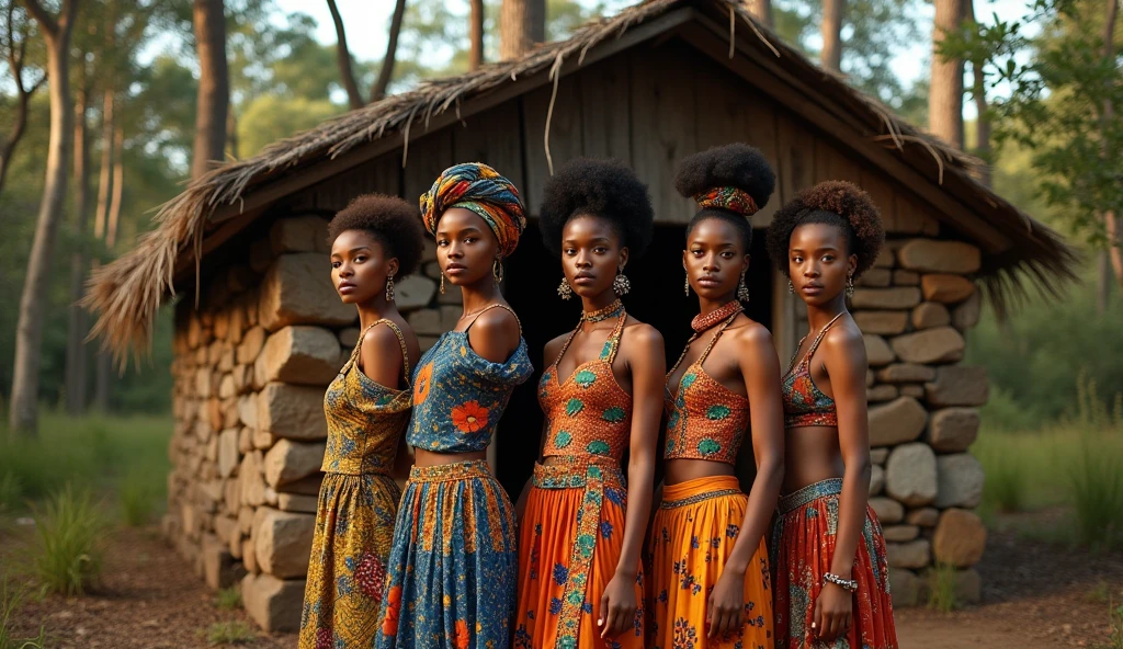 five beautiful South African supermodel,abandoned hut in the forest,African clothing,African hairstyles,illustration,medium, detailed textures, vibrant colors,highres,realistic lighting,African patterns,natural environment,earthy colors,soft lighting,graceful posture,curly hair,braids,adornments,forest foliage,peaceful atmosphere,serene expression,traditional attire,unique ornaments,candid moment,authentic ambiance,open doorway,sunlight filtering through,gentle shadows,organic materials,rich culture,harmonious surroundings,traditional fabrics,ethnic diversity,tribal elements,sunlit pathway,natural beauty,tranquil setting