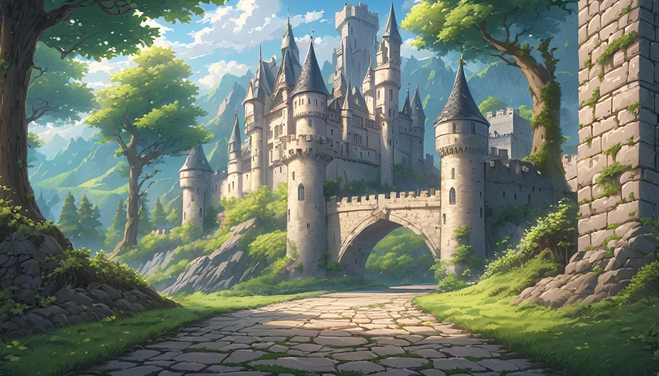 masterpiece, best quality, number, illustration, Anime style background, landscape, background, 低曝Light率, 4K resolution, Extreme details, Very detailed, Light, Trees, Comfort, castle, stone road