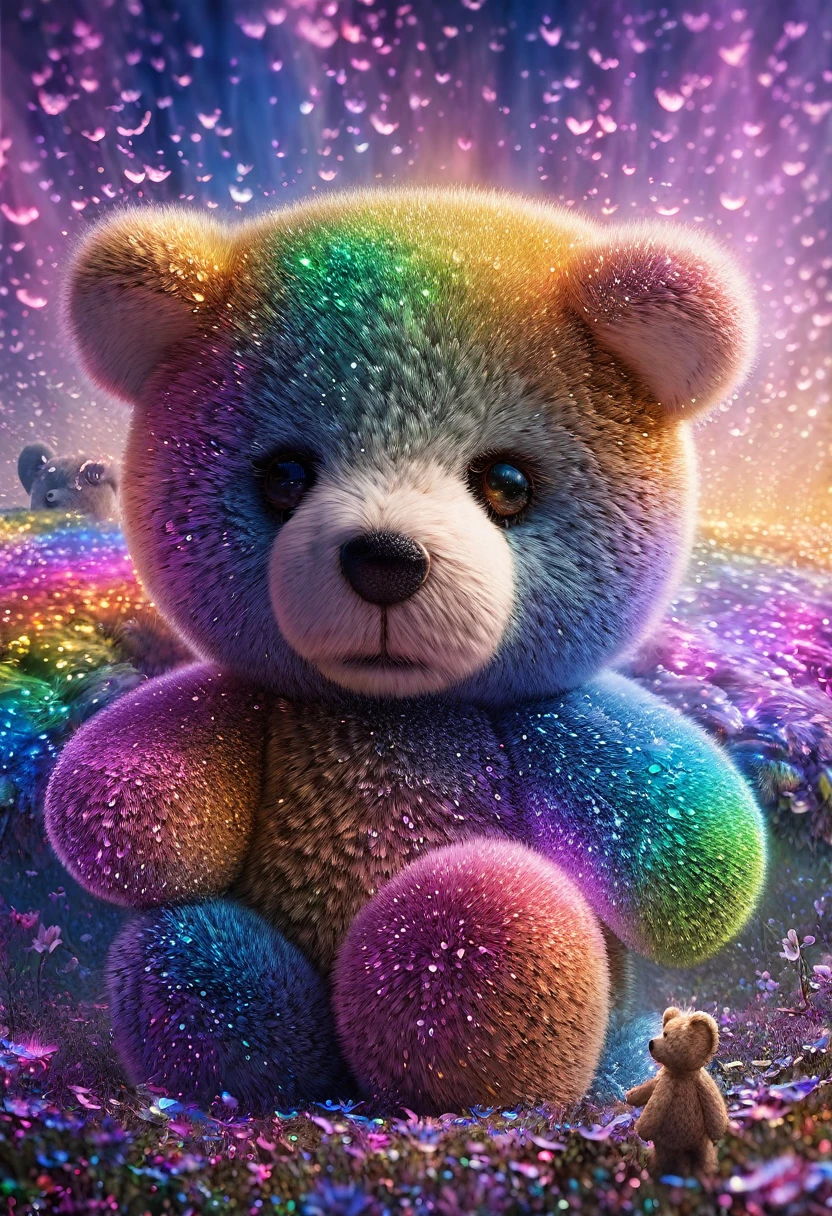 teddy bear, fantasy world, glitter effects, conceptual installation art, (ultra detailed, absolutely resolution, best quality:1.3), 2.5D, delicate and dynamic, iridescent effects, artistic, hyper, graphic CG digital art