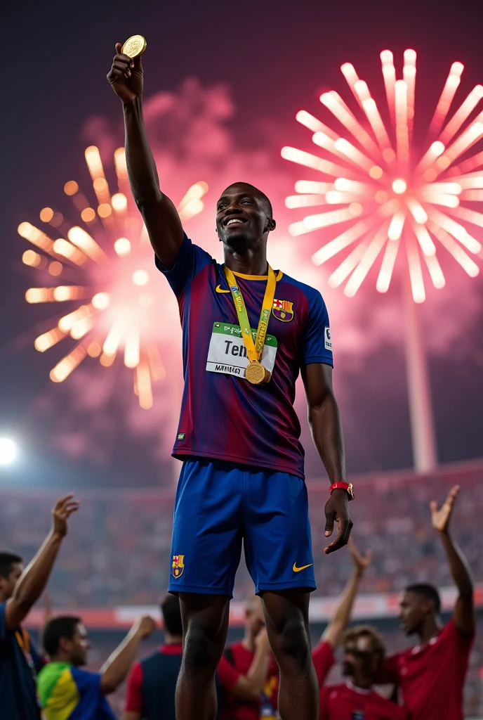 Letsile Tebogo(200m 2024 olympics gold medalist)wearing a barcelona shirt