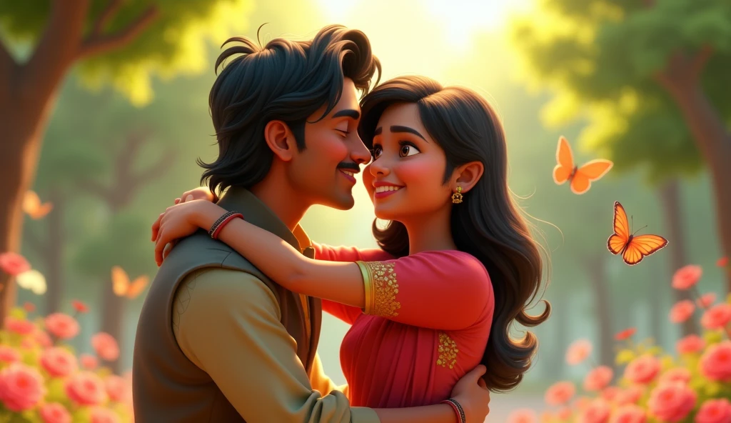 In 3d animation style "Meera and Arjun hugging each other tightly, expressing their love and appreciation"