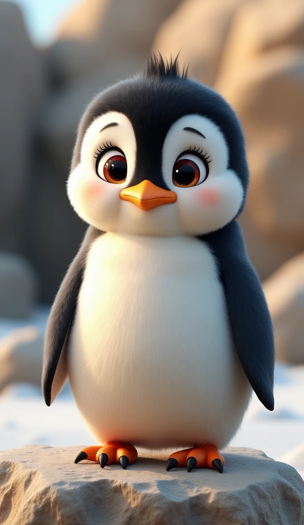 The image shows an adorable animated penguin standing on a rocky surface. The penguin has a fluffy, soft texture, with a white belly, black back, and head, and a small orange beak. The eyes are large and expressive, with long eyelashes that give the penguin a cute, endearing look. Its small flippers are slightly outstretched, and it has orange feet with black tips. The background appears to be a natural outdoor setting, possibly in a zoo or a polar environment, with blurred rocks and soft lighting. The overall feel of the image is warm and charming, making the penguin appear friendly and lively.