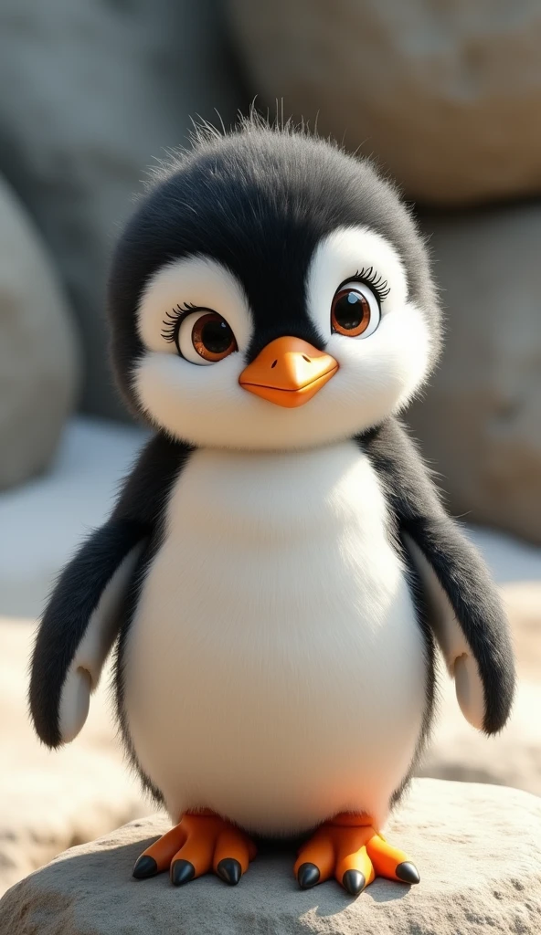 The image shows an adorable animated penguin standing on a rocky surface. The penguin has a fluffy, soft texture, with a white belly, black back, and head, and a small orange beak. The eyes are large and expressive, with long eyelashes that give the penguin a cute, endearing look. Its small flippers are slightly outstretched, and it has orange feet with black tips. The background appears to be a natural outdoor setting, possibly in a zoo or a polar environment, with blurred rocks and soft lighting. The overall feel of the image is warm and charming, making the penguin appear friendly and lively.