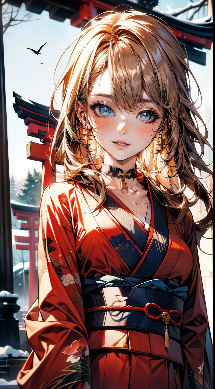 ((Light brown long hair:1.9, wavy hair:1.6, asymmetrical hair:1.8, half up hair)), (shining blue eyes:1.4)beautiful, beautiful woman, perfect anatomy, perfect body, perfect breasts, ((kimono:1.8, choker:1.6)), ((Japan gardens in winter:1.98, torii)), captivating gaze, slight smile, realism, masterpiece, rough skin , Super detailed, high detail, high quality, 最high quality, 1080p, 16k