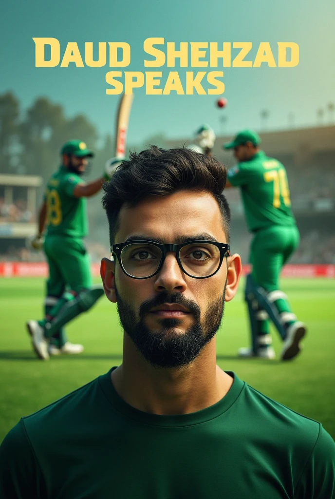 Make the ai photo showing daud speaking about cricket with Daud Shehzad speaks written in background and daud wearing glasses of eye sight and daud having clean shave and green background and Kohli and babar Azam in background and clean shave of daud India and Pakistan