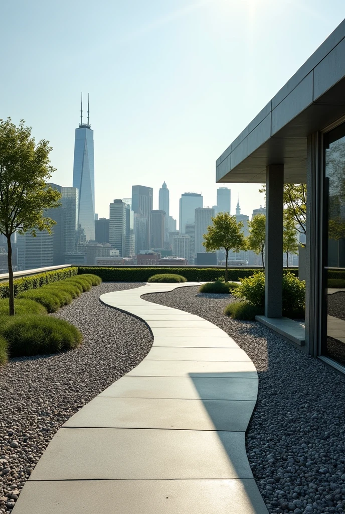 Modern rooftop garden, curved pathway, no trees, no pavilion, no seating, gravel spread.