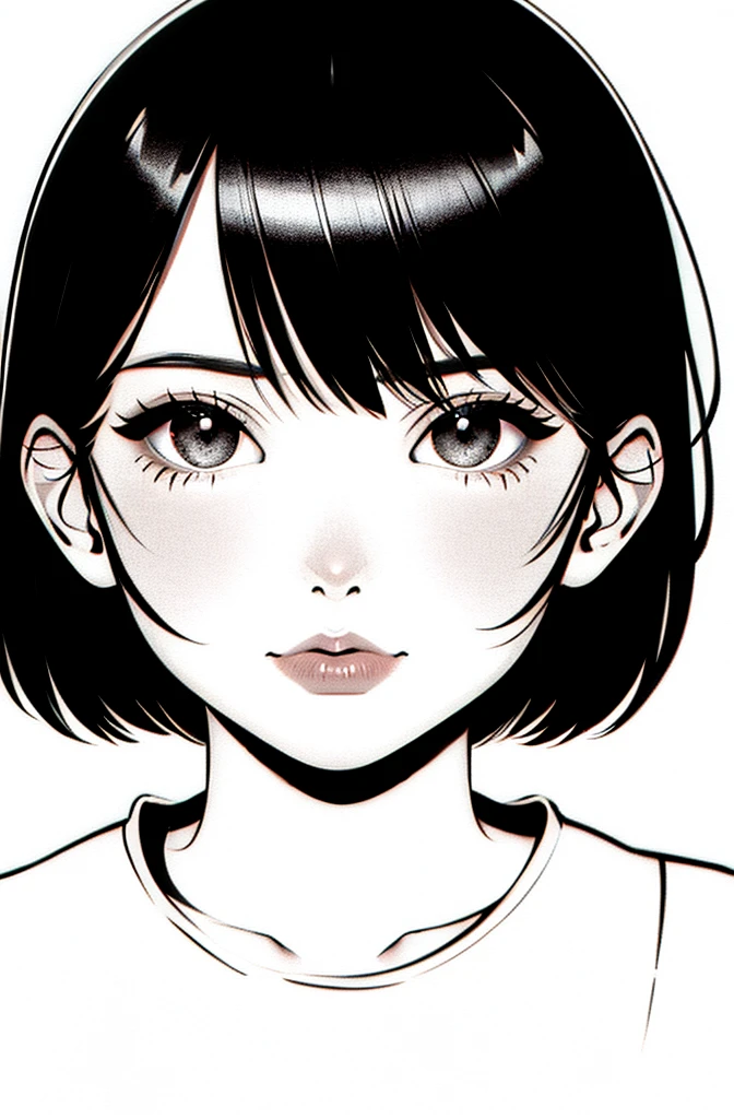 1girl, solo, monochrome, greyscale, short black hair, portrait, shirt, closed mouth, looking at viewer, sketch, graphite \(medium\), small lips, hatching \(texture\), without makeup, bangs,