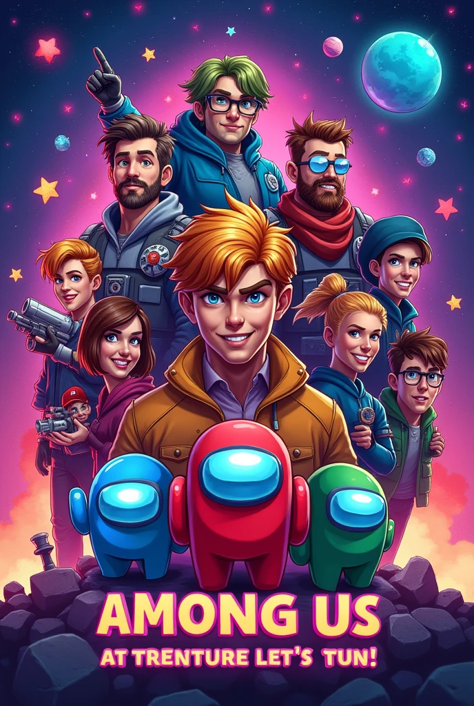 Create an among us theme poster where there will be so many among us characters such as jester, jackl,imposter, cremates, evil guesser, engineer, doctor,sheriff, terrorist, youtuber.
And at the center there will be a text that says "join our server BGC with your friends and play among us and have fun "