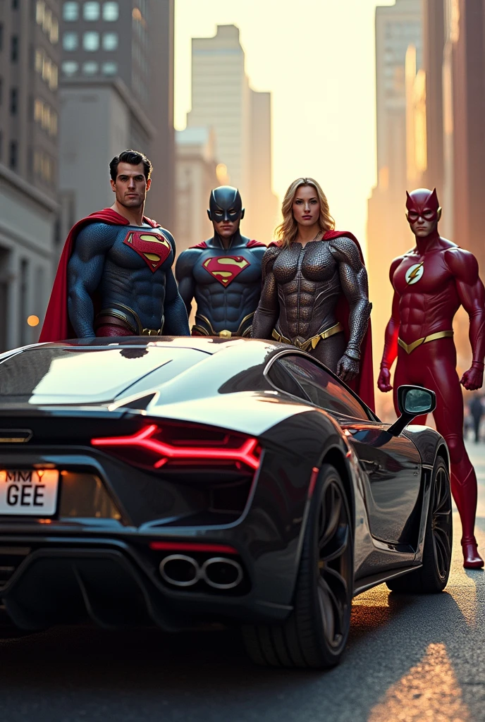 A very very beautiful Car with a logo "EMMY GEE " on it. At the back stand Superman, Thor, Plastic man, Flash standing like a guard, with a name on their chest cloth "EMMY GEE " there wore a Snickers and had a iphone 14 on their hand with an apple logo at the back