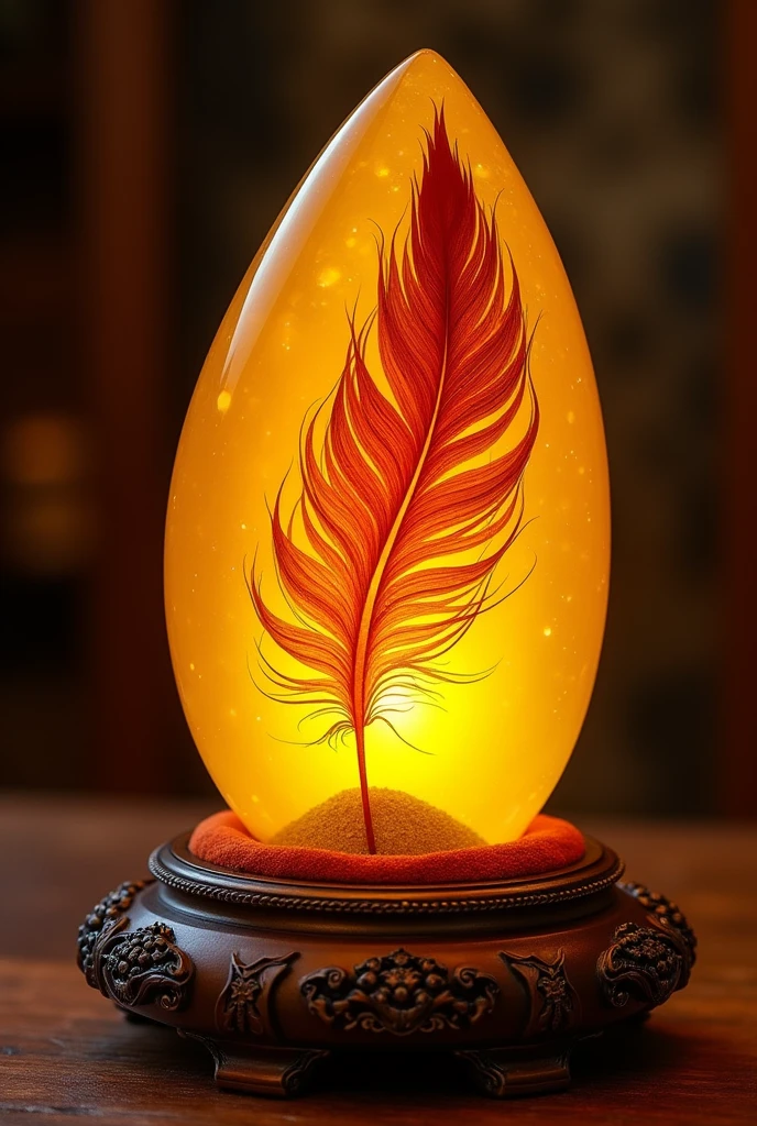 Yellow marble with a pheonix feather inside of it