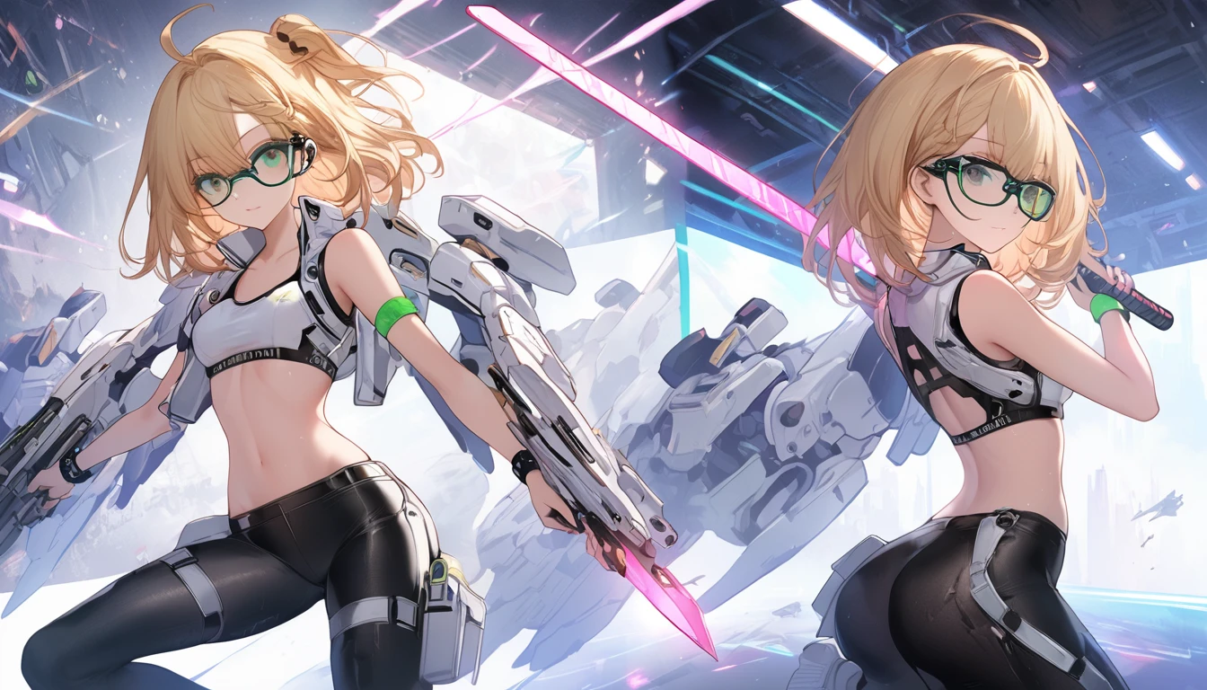 beautiful mechanical girl, she has medium bob cut blonde hair, green eyes, expressive eyes, from center, pov, looking at viewer, Sexy calves, naked calves, skinny breasts, kawaii shooting wear, sports shooting bra, summer_uniform, sexy stomach, ((black leggings)), kawaii white sneakers, mechanical sports pilot suits, kawaii sports outfit, mechanical mini thrusters on her back, side booster on her shoulders, she is holding laser knife, (shooting visor glasses), communications equipment, green light wrist band, she is equipping smart watch, holster on thigh, tight skirt, holding laser sword, skinny breasts, in cyber arena, she is holding sports toy light green long rifle, soft smile, perfect ???????, high_res, 8k, cg, masterpiece, supply box, abandoned bullets, she is assertive, inspired by sakimichan, pixiv, art station, unity wallpaper, caldari,one knee, holding gun,holding weapon, zoom layer,full body,IncrsNikkeProfile