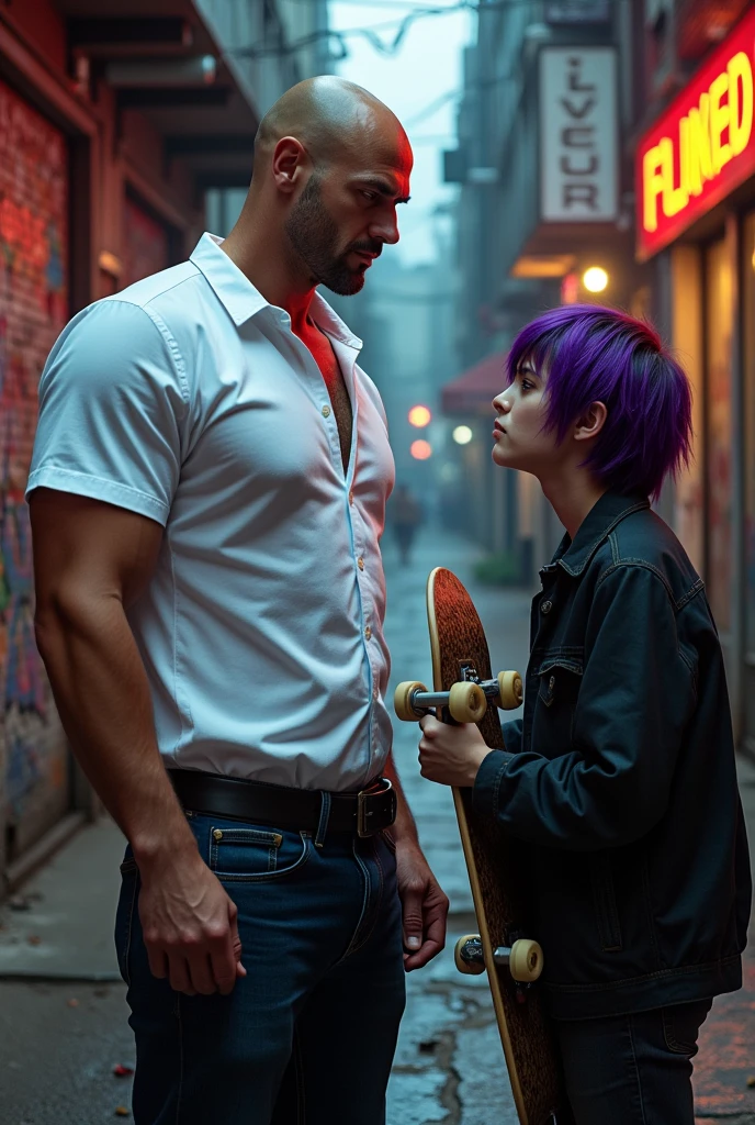 A tall, bald man wearing a white shirt, furious with an emo. 