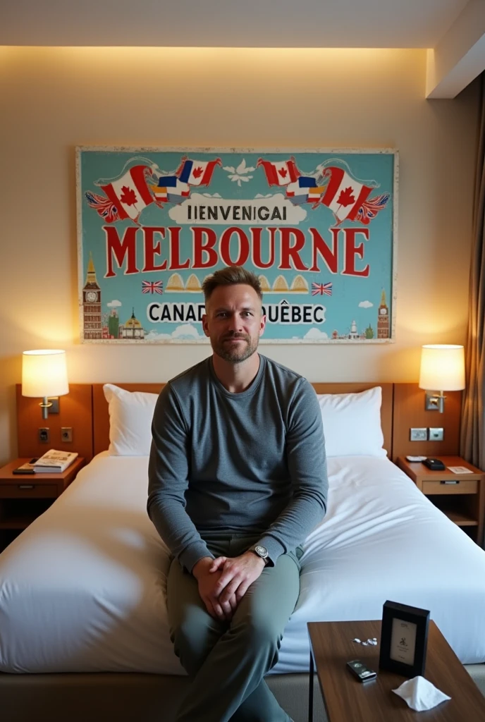Homme caucasien grand de taille, charmant, un peu costaud, habillé en pantalon et tee-shirt manche longue, assis ou adossé sur une table dans une grande chambre d'hôtel, sur la table qu'il y ait également un papier mouchoir déjà utilisé sur la table et sur le lit de l'hôtel qu'il soit déposer un cadre photo grand ou moyen qu'il est possible de faire arrêter sur le lit et faire face à la caméra et sur le mur du chevet du lit un tableau sur lequel il est écrit en français : Bienvenue à Melbourne AUSTRALIE et autour de la phrase qu'il y ait les emblèmes du CANADA QUÉBEC ou le drapeau du CANADA QUÉBEC