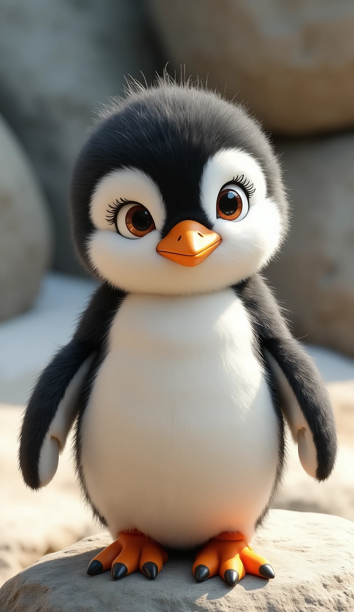 The image shows an adorable animated penguin standing on a rocky surface. The penguin has a fluffy, soft texture, with a white belly, black back, and head, and a small orange beak. The eyes are large and expressive, with long eyelashes that give the penguin a cute, endearing look. Its small pers are slightly outstretched, and it has orange feet with black tips. The background appears to be a natural outdoor setting, possibly in a zoo or a polar environment, with blurred rocks and soft lighting. The overall feel of the image is warm and charming, making the penguin appear friendly and lively.