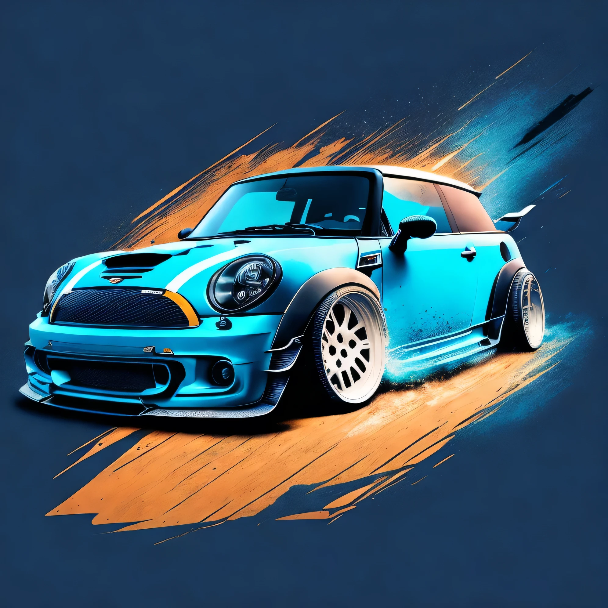 circlular splash style Artwork for t-shirt graphic design using a old commercial buildings style graphic design background a front profile shot 2 x R56 JCW Mini Cooper S blue colour scheme, Zephyr Designz carbon fibre body kit design, Liberty walk ultra wide body kit, aggressive stance background: racetrack, outside old industrial style building, large windows in background, bright sky, heavy industrial look, 8K quality, realistic, realism, sharp, detailed, ultrawide, ,epic ultra wide body kit, super low stance, aggressive looks , vector image, t shirt design circular faded edges