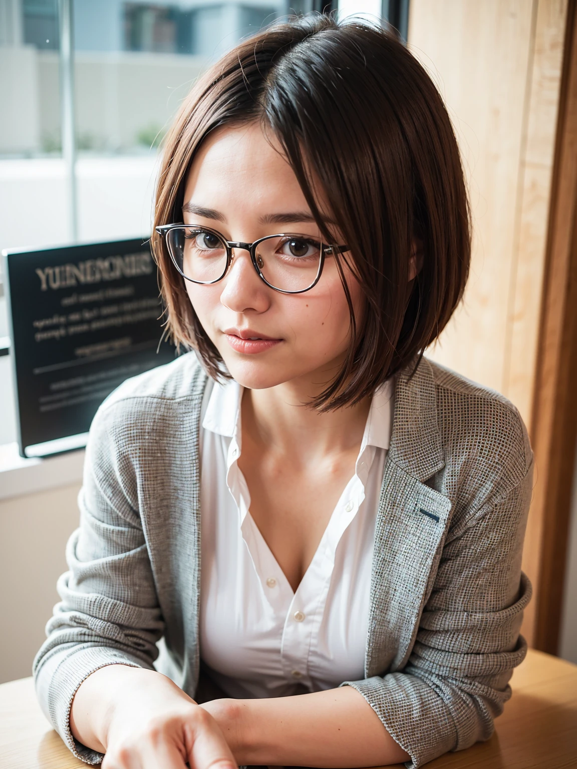 Top Quality, A beautiful, short-haired woman with an intelligent and sophisticated look, laugh, wearing stylish eyeglasses that accentuate her sharp, inquisitive eyes. Her hair is neatly styled in a modern, short cut that complements her facial features, giving her a sleek and polished appearance. She is dressed in a crisp, professional outfit, perhaps a blazer or a blouse, with subtle details that highlight her refined taste. suggesting her intellectual nature. The background is a minimalist office or library, with soft lighting that enhances her calm and focused demeanor."