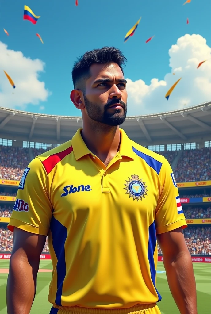 Dhoni wearing yellow shirt 
