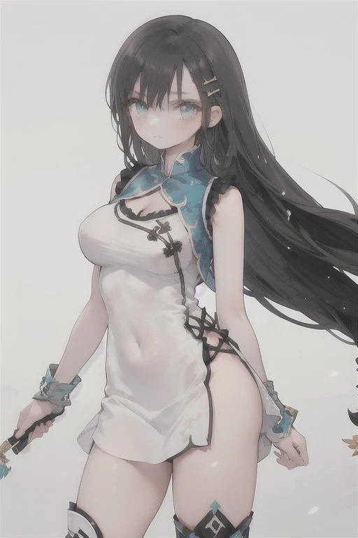 1girl, long hair, white Chinese dress, blue collar, thighhighs