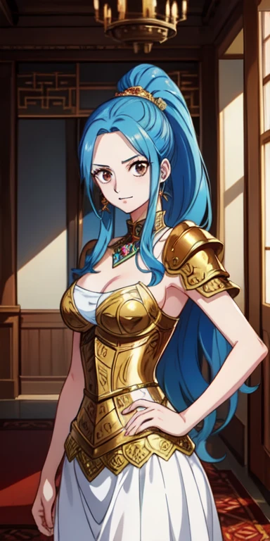 Art style illustration (Wano Style),one piece,eiichiro oda,toei animation,((masterpiece)),(Highest quality:1),(highly detailed:1),One person, NefertariViviV3,Blue Hair,Long Hair,ponytail,high ponytail,Dark brown eyes,Fair skin,detailed eyes,Beautiful Face, Standing pose,Cowboy Shot,Look to the side, [Paladin_Glam Armor|Moroccan Caftan],Shiny Armor,Jeweled Armor, Paladinの鎧, Sultan's Palace,Glamorous background,Arabian Background,Oriental Palace Background,Arabian Palace Room,very detailed background, Highest quality, masterpiece, employment, original, extremely detailed wallpaper, Perfect lighting,(extremely detailed CG:1.2),8k,複雑なdetailed,Trending on Art Station,Digital Art, detailed,8k,