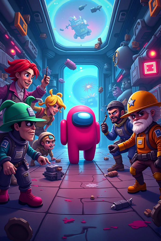 Create an among us theme poster where there will be so many among us characters such as jester, jackl,imposter, cremates, evil guesser, engineer, doctor,sheriff, terrorist, youtuber.
And at the center there will be a text that says "join our server BGC with your friends and play among us and have fun "