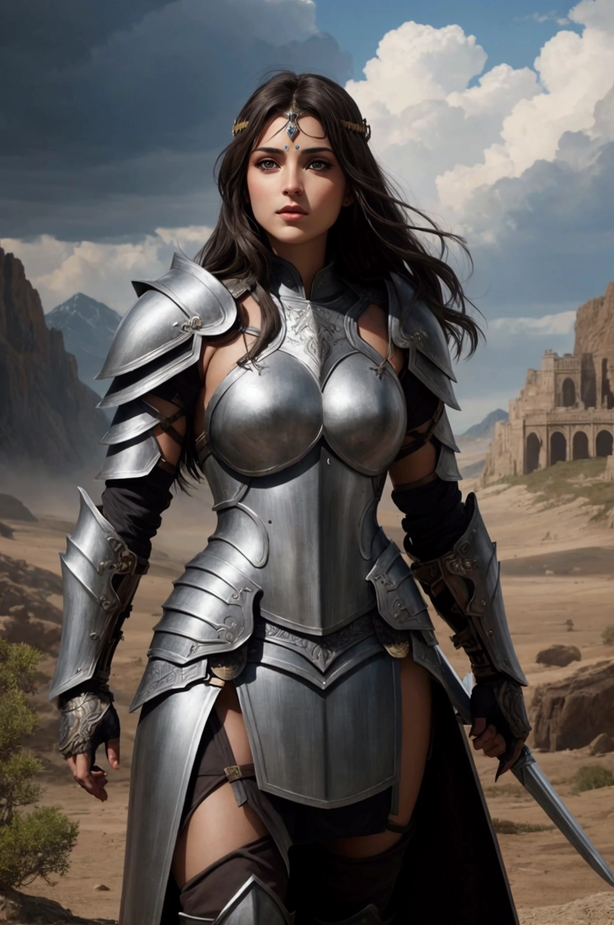 a realistic brune with beautiful mouth and grey eyes godess warrior in badass Armor with fantastic background landscape
