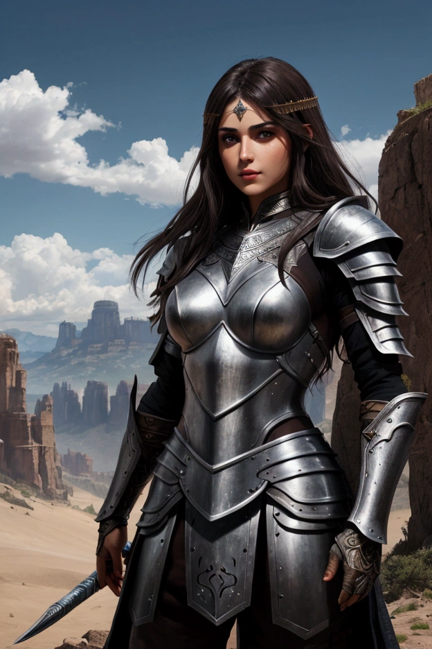 a realistic brune with beautiful mouth and grey eyes godess warrior in badass Armor with fantastic background landscape