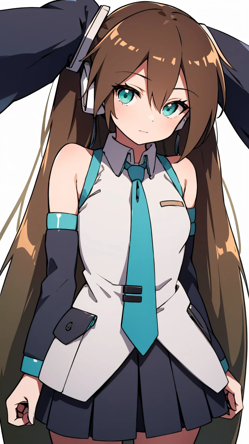 Aile_Megmanzx , 1girl, Simple background, Long hair,  Green eyes, Brown hair, Hatsune Miku Cosplay