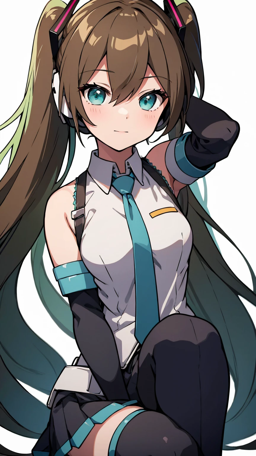 Aile_Megmanzx , 1girl, Simple background, Long hair, Green eyes, Brown hair, Hatsune Miku Cosplay