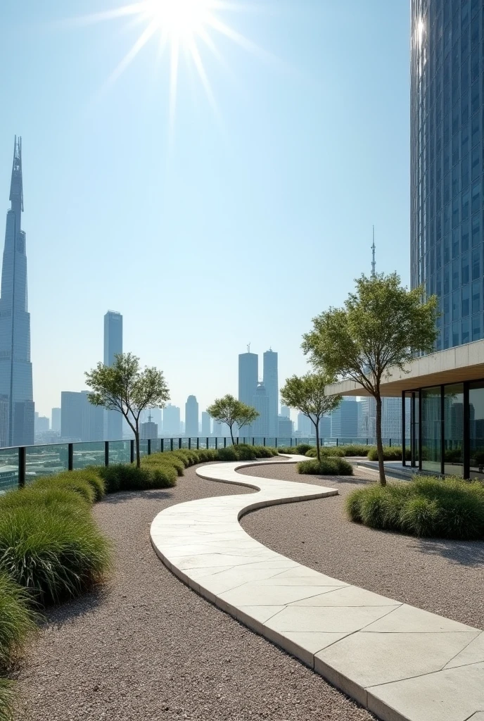 Modern rooftop garden, curved pathway, no trees, no pavilion, no seating, gravel spread.