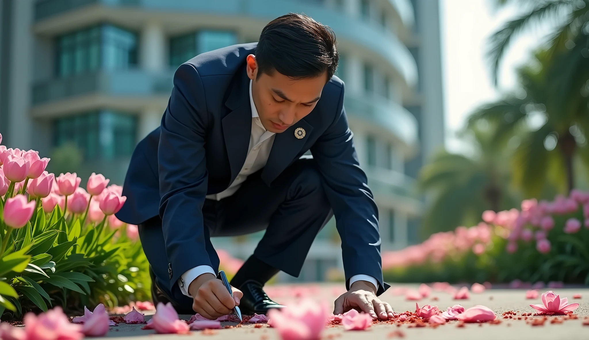 Make the detective Vietnamese. Make a photo of a detective closely observing a murder scene. The background is a flower bed on the first floor of a luxury apartment. Examine the traces of the criminal that fell to the ground.