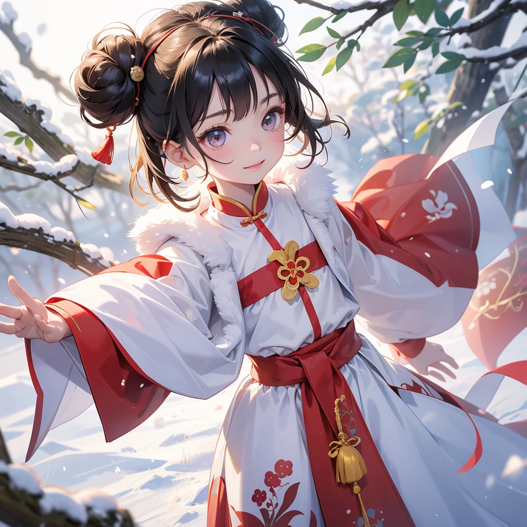 A chibi child girl had a small face and Wearing a little Taoist priest's outfit. A pair of big round eyes shone with curiosity about him. This child was so cute! Wearing a chinese new year dress, Amidst the white snowy atmosphere, the snow is falling lightly, the trees are covered with white snow.
her hair is black with two buns on her hair.small chibi, chibi baby, smiling ,Chibi.
