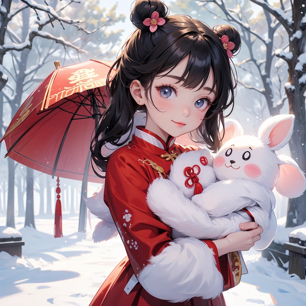 A chibi child girl had a small face and Wearing a little Taoist priest's outfit. A pair of big round eyes shone with curiosity about him. This child was so cute! Wearing a chinese new year dress, Amidst the white snowy atmosphere, the snow is falling lightly, the trees are covered with white snow.
her hair is black with two buns on her hair.small chibi, chibi baby, smiling ,Chibi.