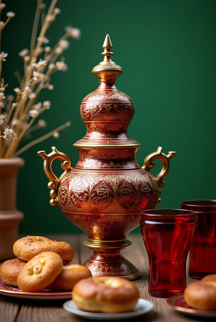 Russian samovar in the center, A samovar with a Khokhloma ornament, a garland of bagels hangs on it, рядом тарелка с бубликами и стаканы алые A samovar with a Khokhloma ornament, photo on a green background, 4k