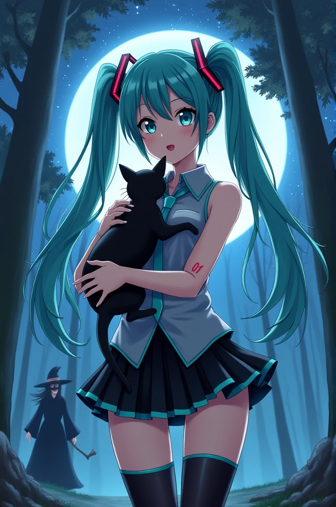 Anime art, anime style, detailed drawing, forest background, high definition, high quality, one girl, solo, Hatsune Miku, aqua hair, twin tails, headphones, small number tattoo "01" (red, located on her right hand), grey sleeveless collared shirt, black detached sleeves with aqua lines, five fingers with aqua nails, aqua necktie, black pleated mini skirt with aqua lines, zettai ryouiki, thigh-high black boots with aqua lines.

Get example from this image: https://vocaloidespanol.fandom.com/es/wiki/Hatsune_Miku?file=Hatsune_Miku.png

Miku Hatsune hugging a black cat in the night; there is witch woman following her behind