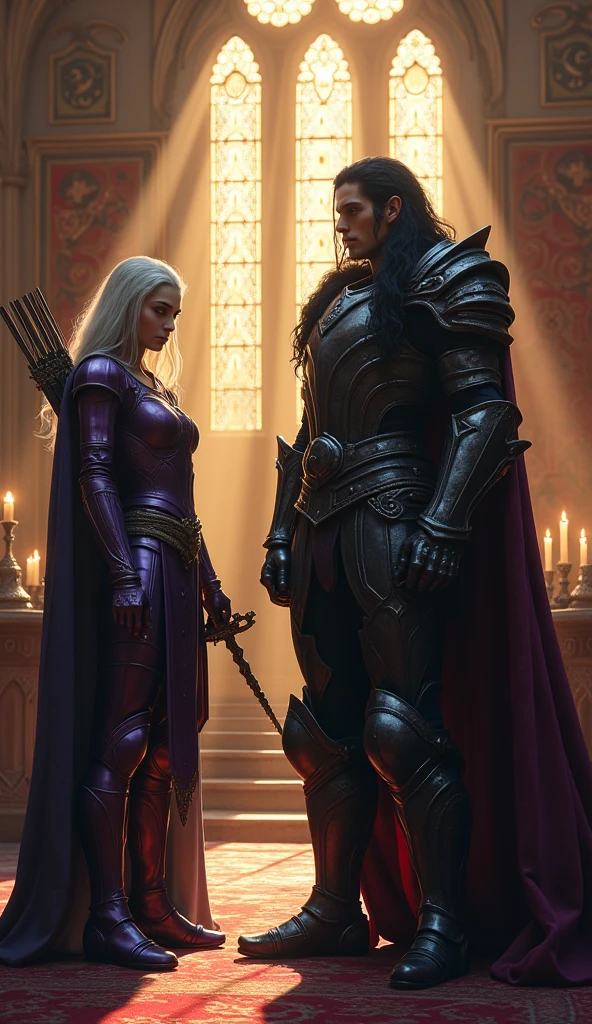 In the grand hall before the throne, Vortex and Raven stand before their king. Vortex, a tall warrior with long black hair, wears a gothic black armor that gleams ominously. His dark sword is sheathed at his side, and his intense gaze reflects the gravity of the mission. Raven, a male elf archer, is dressed in deep purple leather armor, with flowing silver hair and a black bow slung across his back. Both characters are depicted with equal prominence, emphasizing their importance and the heavy responsibility of their mission. The atmosphere is charged with the weight of the task they are about to undertake, and their determination is palpable.