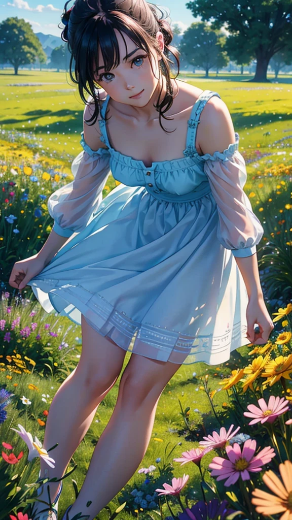 a lush meadow filled with colorful wildflowers, a clear blue sky with fluffy clouds, a majestic tree, bright and cheerful color temperature, cosmos lighting with twinkling stars, whimsical and joyful atmosphere, (best quality,4k,8k,highres,masterpiece:1.2),ultra-detailed,(realistic,photorealistic,photo-realistic:1.37),3D,pixar,toy story,anime,vibrant colors,vivid,dramatic lighting